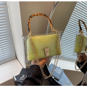 Fashionable clear PVC crossbody bag with green woven pouch and bamboo top handle for women