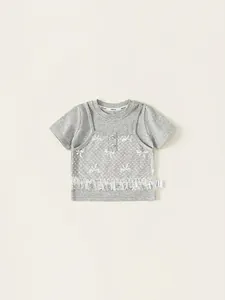 T-Shirt da Ragazza Dolce Grigio Melange Finto Due Pezzi Cucitura in Pizzo Stampa a Fiocco Manica Corta Cotone Top Estivo per Bambini