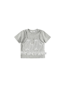 T-shirt bambina effetto due pezzi grigia e bianca in cotone con pizzo e fiocchi