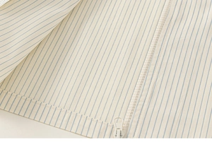 Close-up of blue and white striped shirt fabric with high-quality zipper and stitching
