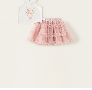 Detail of girls summer set with rabbit print vest and pink layered tulle tutu skirt