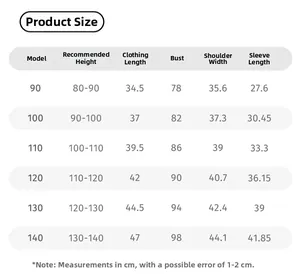Size guide for girls striped shirt set with height and measurements in centimeters