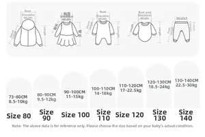 Detailed size guide for floral dress showing height and weight measurements from 80cm to 140cm