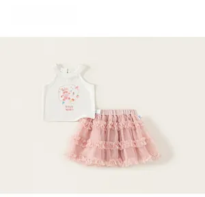 Detail of girls' summer outfit featuring lace collar vest and pink mesh tutu skirt