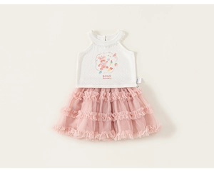 Detail view of girls summer outfit with bunny print vest and layered pink mesh tutu skirt