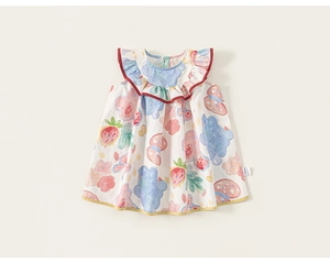 Detailansicht Mädchen ärmelloses Baumwollkleid mit Fruchtprint und Rüschenkragen