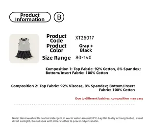Detailed fabric and size chart for grey striped top and polka dot shorts summer set
