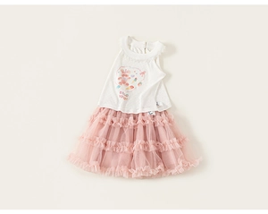 Close-up of girls' summer outfit showing lace collar and pink layered tulle mesh skirt