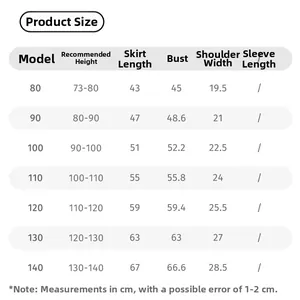 Detailed size chart for girls sleeveless tulle dress showing length and chest measurements
