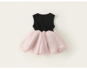 Detail of girls' sleeveless dress featuring black bodice and pink layered tutu mesh skirt
