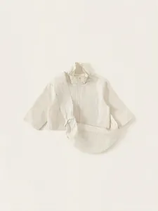 Girls Striped Stand Collar Zipper Shirt Set With Crossbody Bag Casual Long Sleeve Cotton Lyocell Two Piece Outfit For Kids