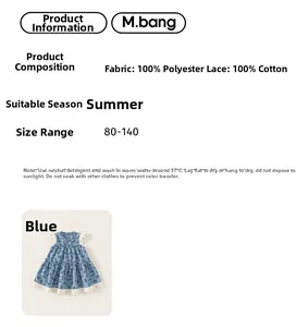 Detail of blue summer dress showing 100% cotton lace trim and 100% polyester fabric info