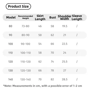 Detailed size chart for girl's bow dress including height, length and bust measurements