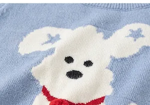 Detalle del chaleco de punto azul claro con diseño de perro animado y una estrella
