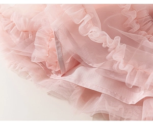 Detailed close-up of multi-layer pink mesh fabric with fine stitching for girls' dresses