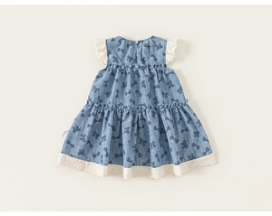 Close-up of the delicate lace trim and bow print on this blue sleeveless dress
