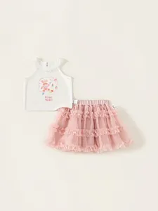 Girls Sweet Cartoon Rabbit Print Lace Sleeveless Top Pink Multi Layer Mesh Tutu Skirt Summer Clothing Outfit