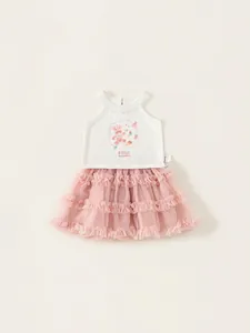Girls summer two-piece outfit featuring a white bunny vest and pink layered mesh tutu skirt