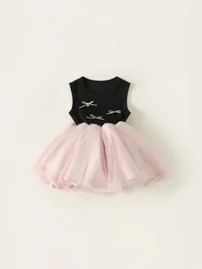 Girls Sleeveless Patchwork Dress Sweet Bow Mesh Tutu Princess Party Dress Cotton Rib Summer Clothing For Toddler Kids