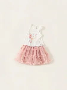 Girls summer two-piece outfit with white lace tank top and pink layered tulle cake skirt