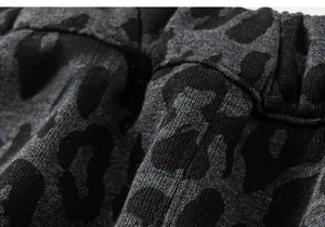 Macro shot of thick leopard print knit fabric showing soft texture and premium material