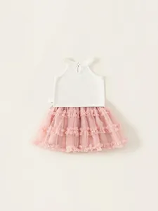White sleeveless lace top and pink layered tulle skirt summer outfit for girls