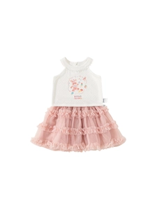 Girls' summer set with white lace tank top, pink tutu skirt, and cute bunny print