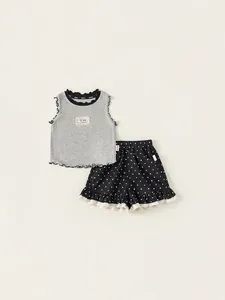 Girls Summer Two Piece Clothing Set Viscose Sleeveless Ribbed Tank Top And Polka Dot Ruffle Shorts Sweet Forest Style Kids Outfit