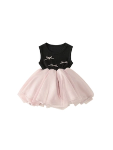 Girls summer sleeveless tulle dress with black pink contrast and bow detail