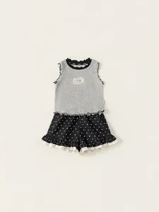 Girls summer grey ribbed tank top and black heart polka dot shorts two-piece outfit