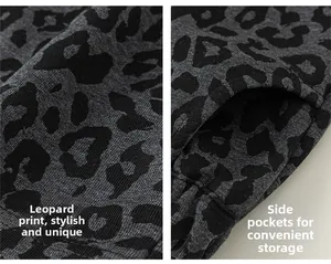 Detail view of leopard print kids' pants with side pockets and premium knit texture
