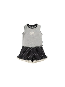 Girls 2-piece summer set with grey ribbed tank top and heart print ruffle shorts