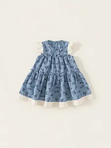 Toddler Girls Sweet Sleeveless Blue Dress With Bowknot Print And White Lace Trim Tiered Cake Princess Summer Daily Wear