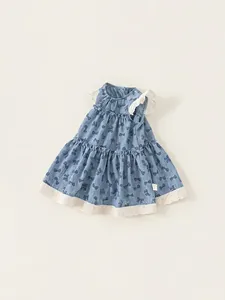 Sweet light blue sleeveless tiered dress for girls with navy bow prints and white lace trim