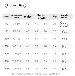 Detailed size chart for kids leopard print trousers covering height from 73cm to 140cm