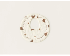 Detail of multi-layer cotton baby bib with brown bear prints and scalloped embroidery edge