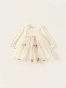 Robe Douce en Maille de Tulle à Manches Longues pour Filles Blanc Crème Princesse Fée Robe de Fête avec Pompons Colorés