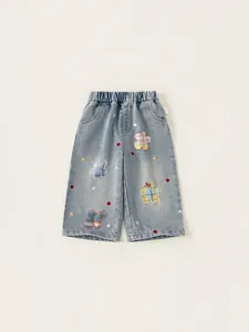 Vaqueros de Pata Ancha de Mezclilla de Algodón para Niñas Cintura Elástica Bordado de Parches de Flores Corazón Pantalón