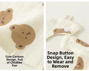 Detail of baby cotton gauze bib featuring cartoon bear print and snap button closure