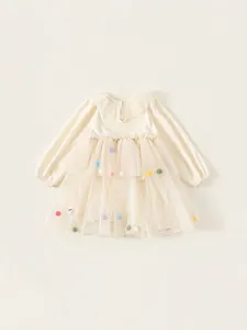 Robe en tulle à manches longues pour filles avec pompons colorés et col à volants