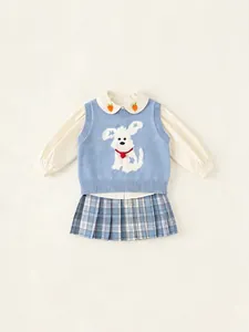 Conjunto de Ropa de 3 Piezas de Estilo Preppy para Niñas Camisa de Algodón Bordada Chaleco de Punto y Falda Plisada a Cuadros