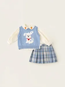 Conjunto preppy de 3 piezas para niña con chaleco azul, camisa blanca y falda de cuadros