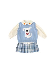 Conjunto de 3 piezas para niña con chaleco azul, camisa de cuello de muñeca y falda