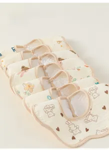 Detail view of 6-pack cotton gauze baby bibs with cute bear and floral patterns
