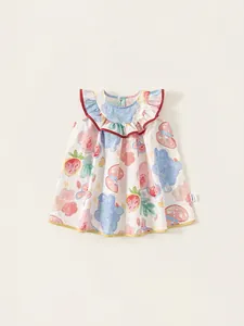 Mädchen Sommer Baumwolle Ärmelloses Kleid Rüschen Peter Pan Kragen Bedruckt Graffiti Floral Erdbeere A-Linie Kinder Kleid