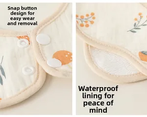 Detail of snap button design and waterproof bottom layer on baby mushroom print bib