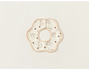 Detailed view of petal-shaped cotton baby bib with cute brown bear prints and snap button