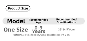 Size chart for 0-3 years old baby bib showing dimensions of 25x24.5x9 cm in a table