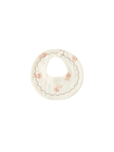 360-degree round baby bib with pink rabbit print and wavy embroidered edges