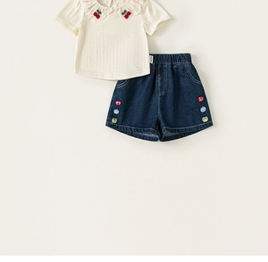 Close-up of girls summer outfit with cherry embroidery on collar and denim shorts details